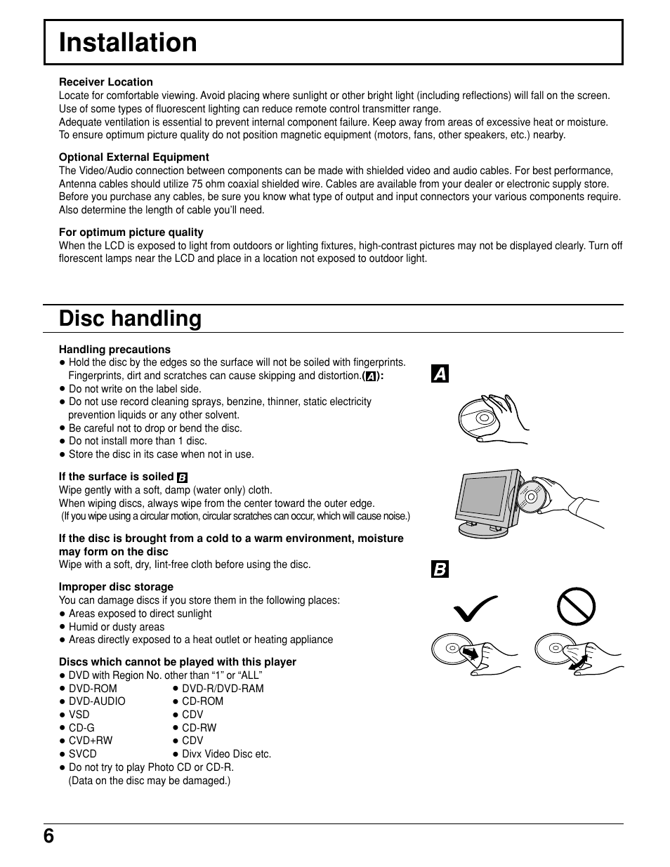 Installation and tv settings, Installation, Disc handling | Panasonic TC 15LV1 User Manual | Page 6 / 64