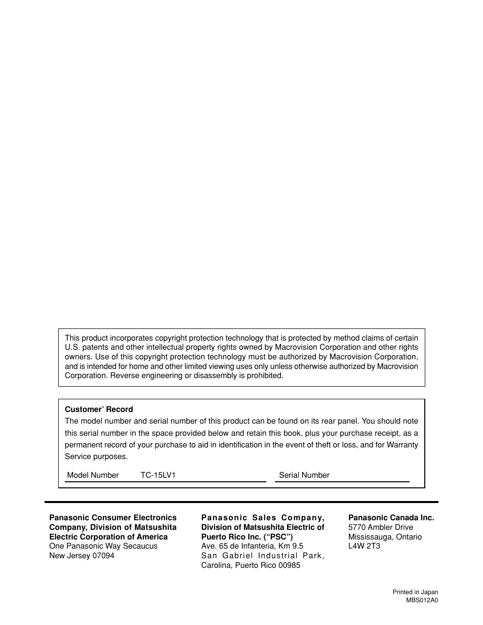 Panasonic TC 15LV1 User Manual | Page 64 / 64