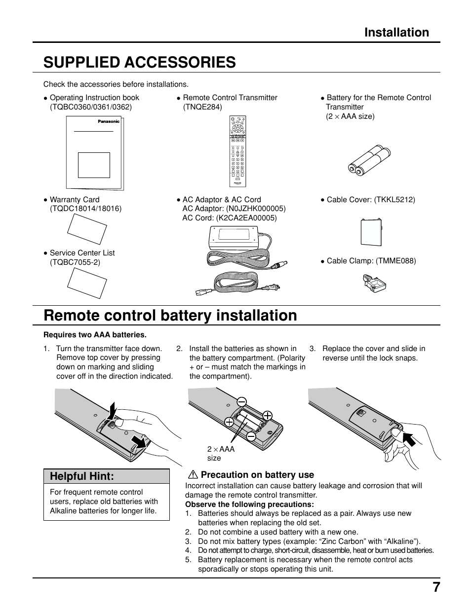 Remote control battery installation, Supplied accessories, Installation | Helpful hint | Panasonic TC 15LV1 User Manual | Page 7 / 64