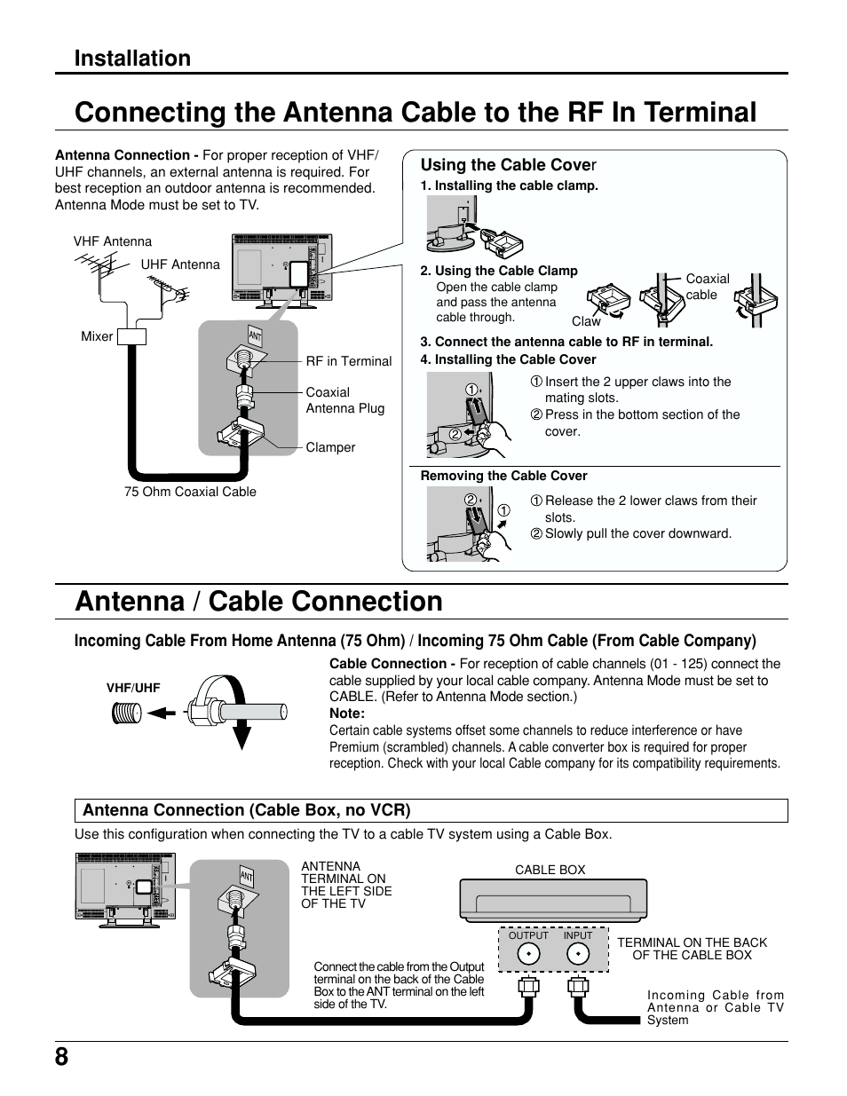 Connecting the antenna cable to the rf in terminal, Antenna / cable connection, Installation | Panasonic TC 15LV1 User Manual | Page 8 / 64
