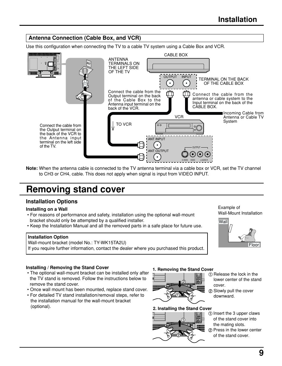 Removing stand cover, Installation, Antenna connection (cable box, and vcr) | Installation options | Panasonic TC 15LV1 User Manual | Page 9 / 64