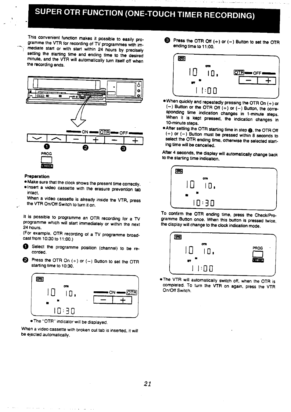 Super otr function (one-touch timer recording), Preparation | Panasonic NV-L20 User Manual | Page 21 / 35