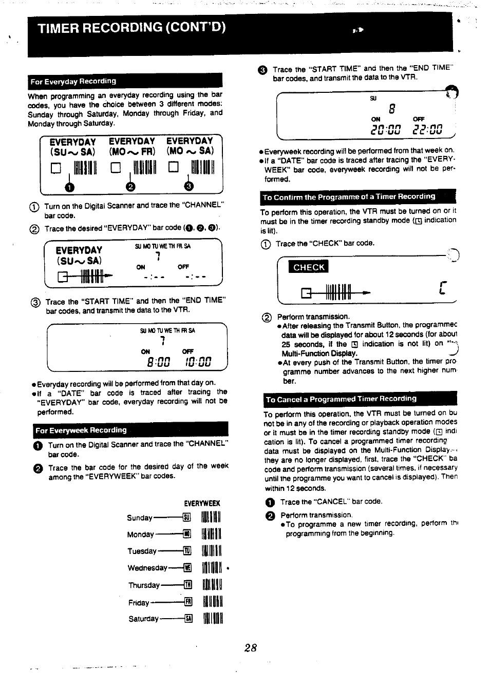 Timer recording (cont o), Everyday, Su^sa) | T n n n, Inilll, Illri | Panasonic NV-L20 User Manual | Page 28 / 35