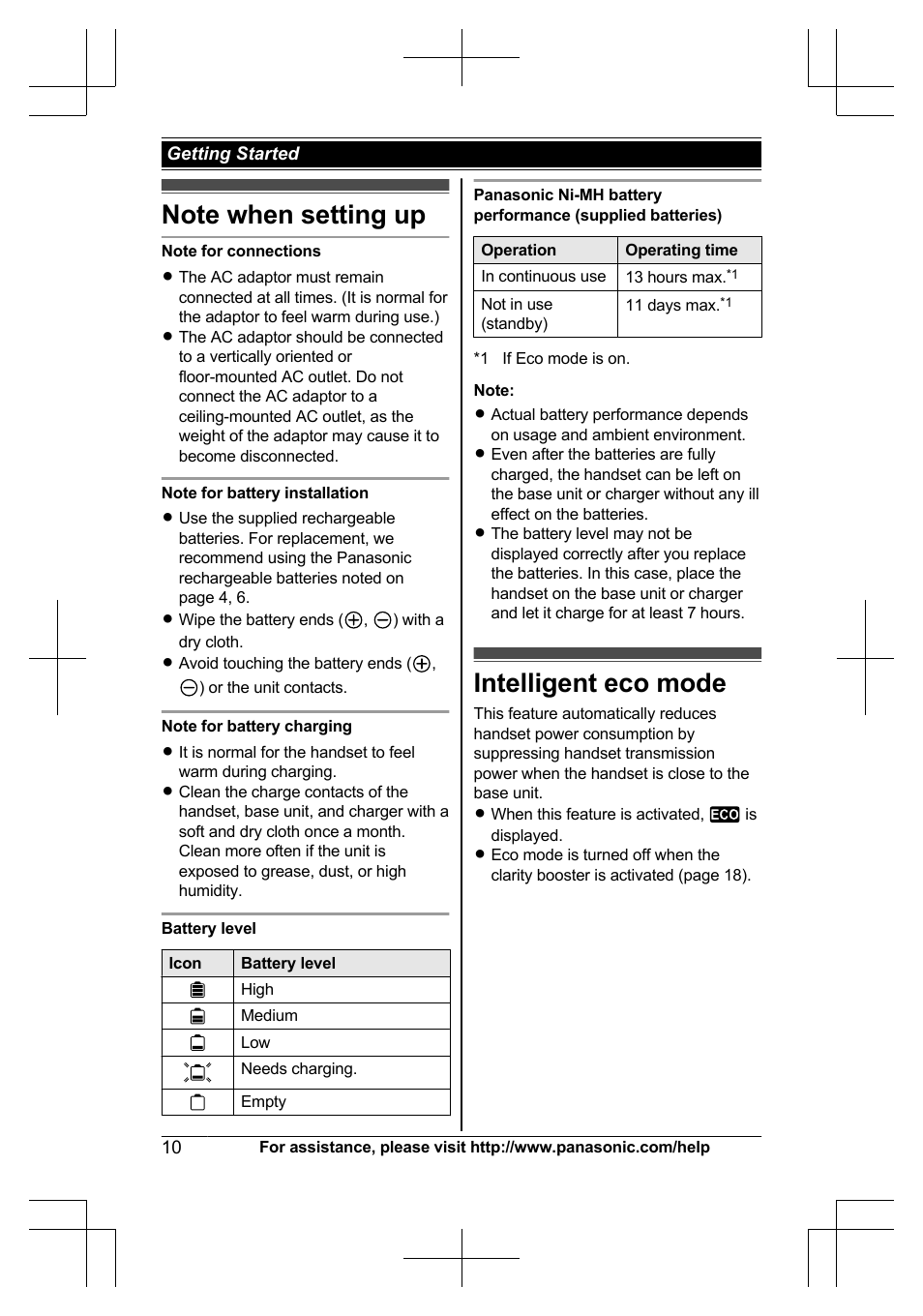 Note when setting up, Intelligent eco mode, Note when setting up intelligent eco mode | Panasonic KX-TG6645 User Manual | Page 10 / 68