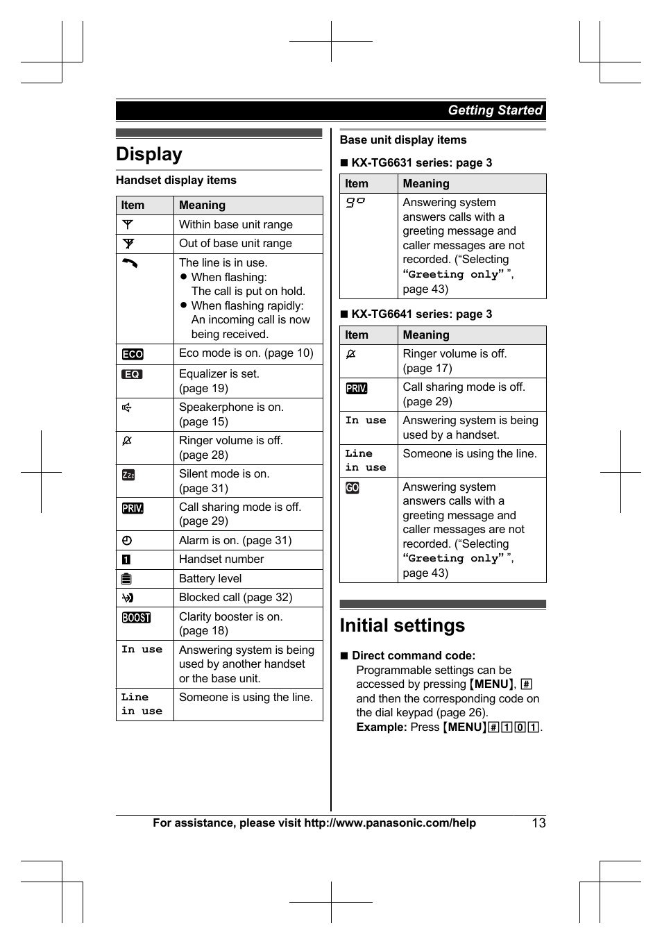 Display, Initial settings, Display initial settings | Panasonic KX-TG6645 User Manual | Page 13 / 68