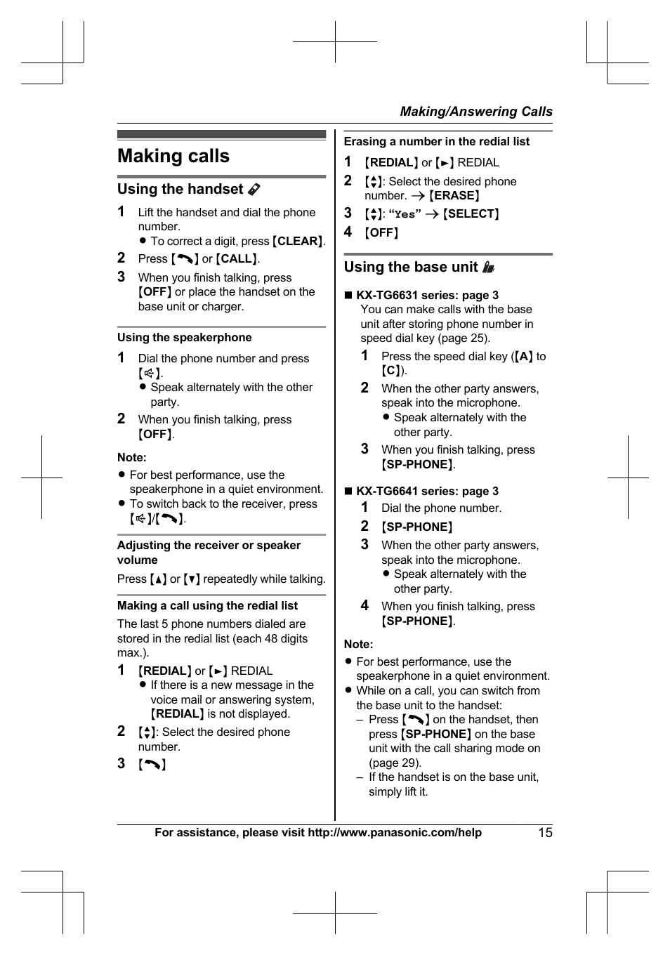 Making/answering calls, Making calls | Panasonic KX-TG6645 User Manual | Page 15 / 68