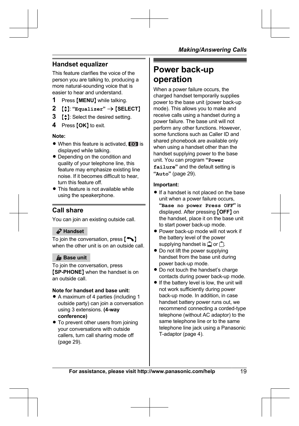 Power back-up operation, Handset equalizer, Call share | Panasonic KX-TG6645 User Manual | Page 19 / 68