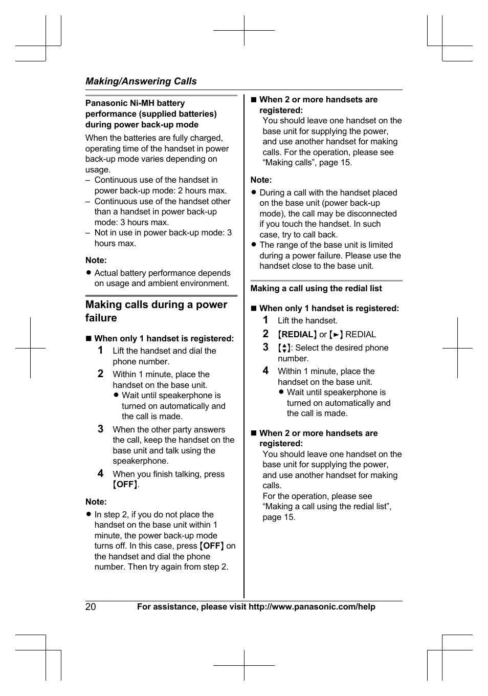 Making calls during a power failure | Panasonic KX-TG6645 User Manual | Page 20 / 68