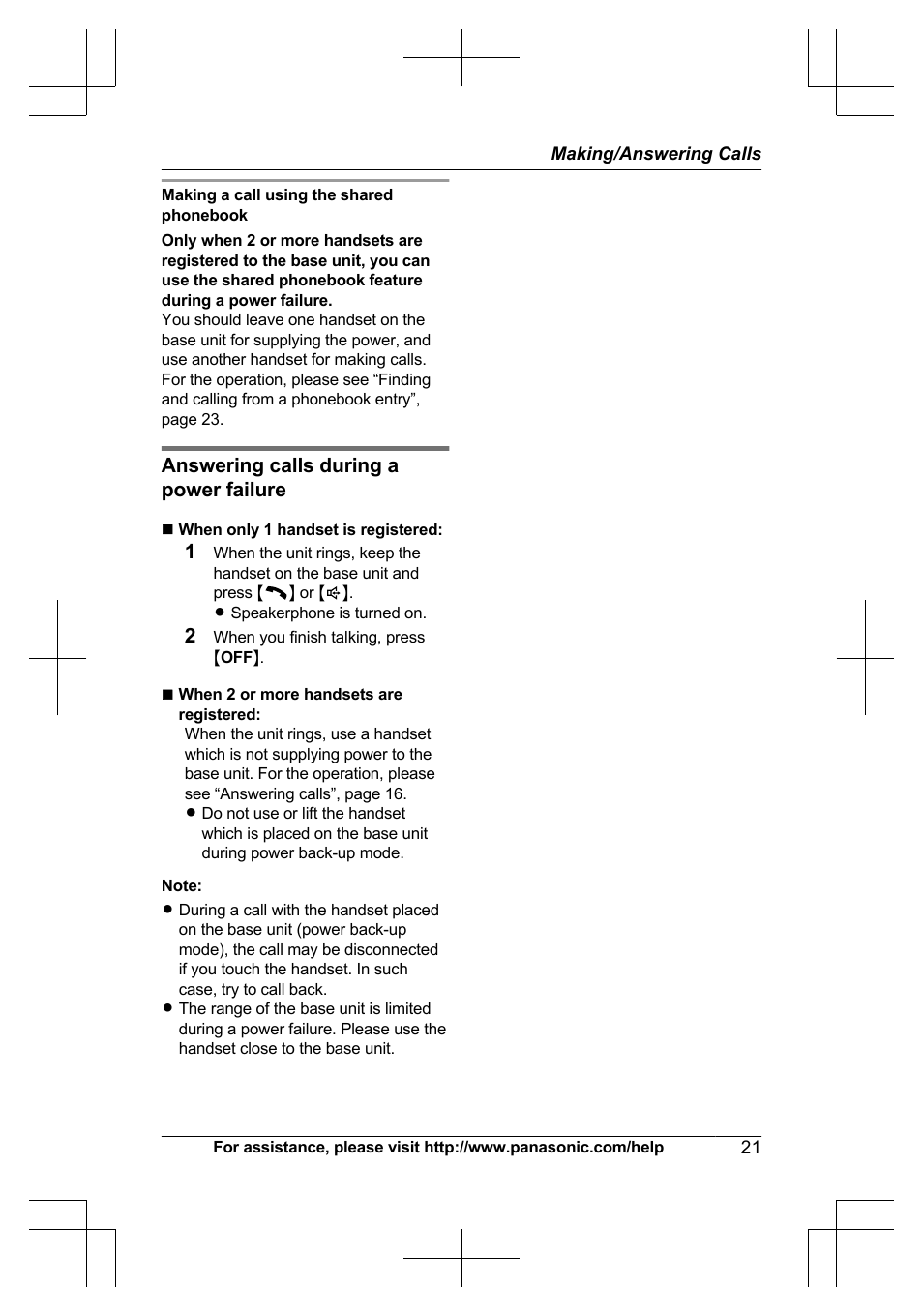 Answering calls during a power failure | Panasonic KX-TG6645 User Manual | Page 21 / 68