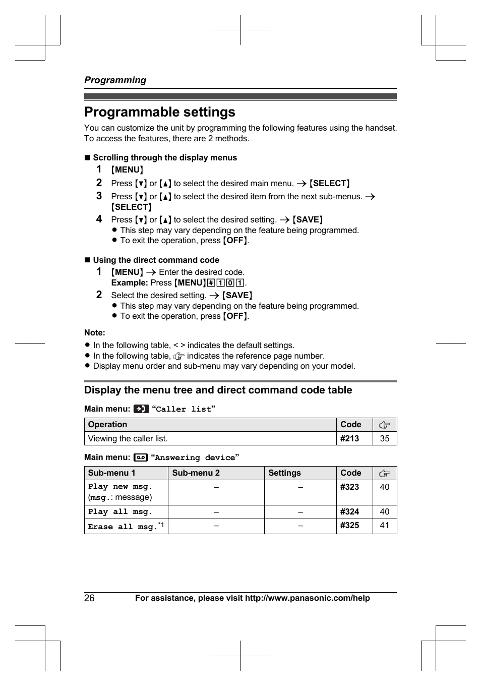 Programming, Programmable settings | Panasonic KX-TG6645 User Manual | Page 26 / 68