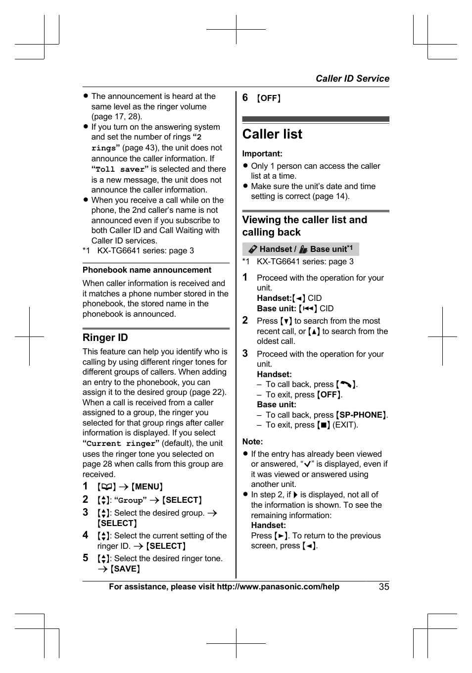 Caller list, Ringer id, Viewing the caller list and calling back | Panasonic KX-TG6645 User Manual | Page 35 / 68