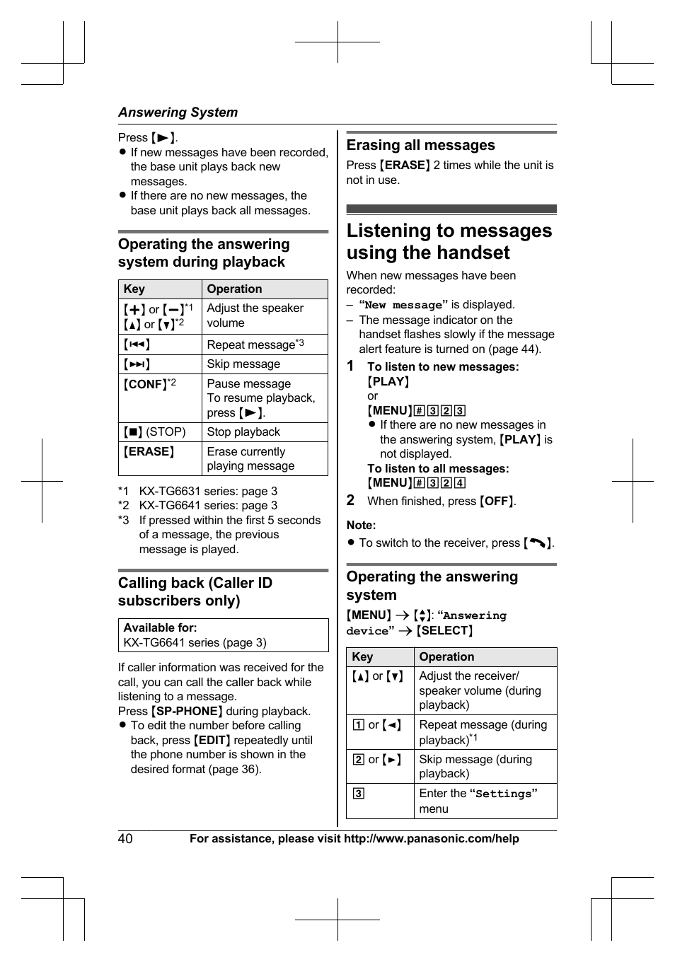 Listening to messages using the handset, Operating the answering system during playback, Calling back (caller id subscribers only) | Erasing all messages, Operating the answering system | Panasonic KX-TG6645 User Manual | Page 40 / 68