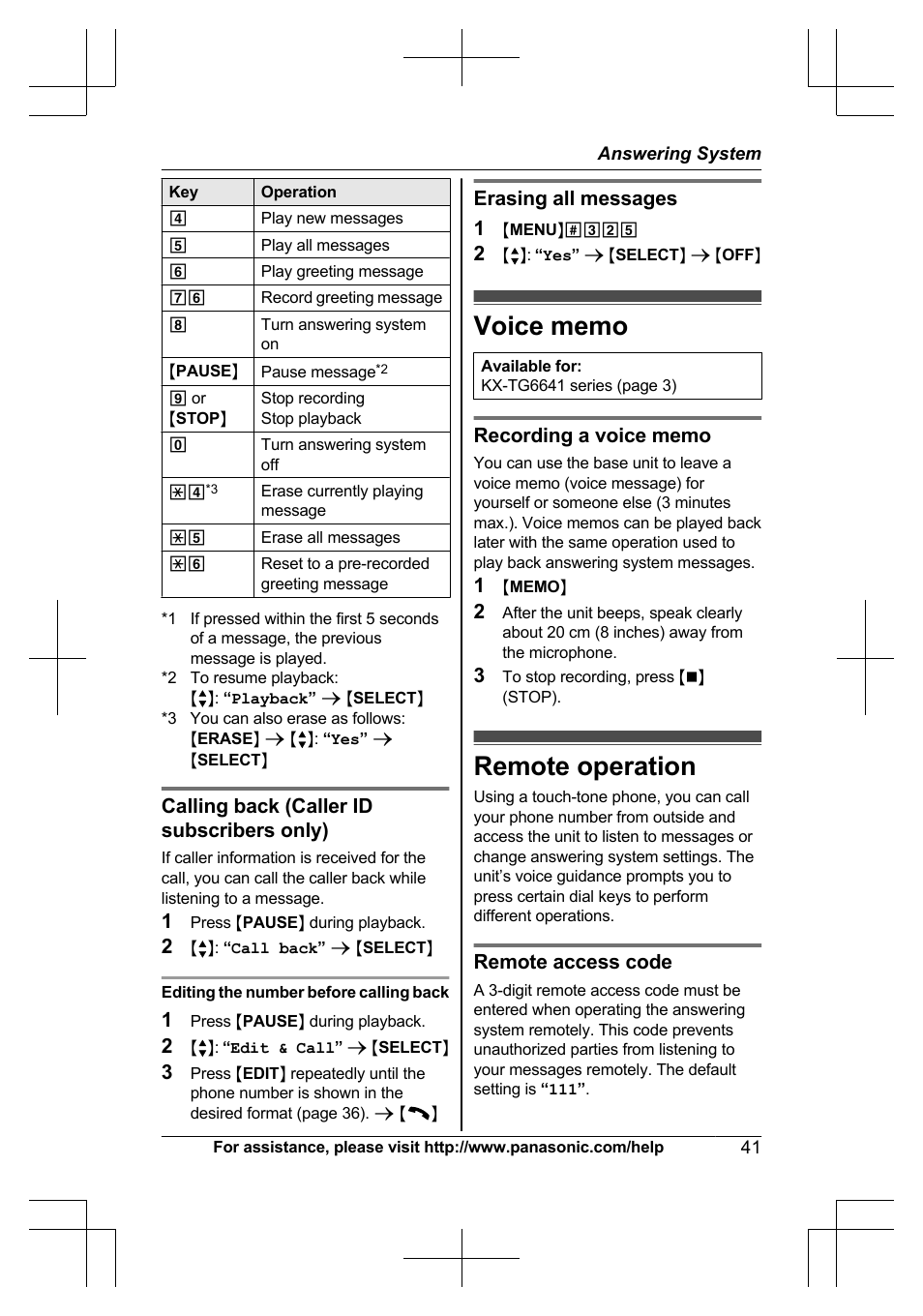 Voice memo, Remote operation, Voice memo remote operation | Calling back (caller id subscribers only), Erasing all messages 1, Remote access code | Panasonic KX-TG6645 User Manual | Page 41 / 68