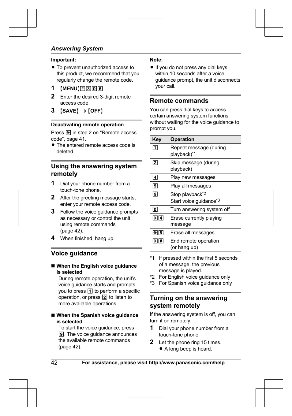 Using the answering system remotely 1, Voice guidance, Remote commands | Turning on the answering system remotely | Panasonic KX-TG6645 User Manual | Page 42 / 68