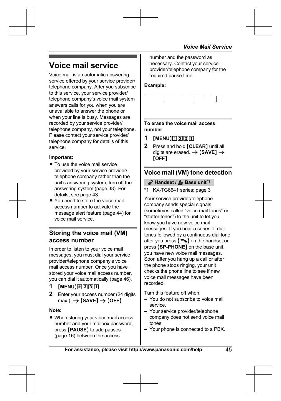 Voice mail service, Storing the voice mail (vm) access number, Voice mail (vm) tone detection | Panasonic KX-TG6645 User Manual | Page 45 / 68