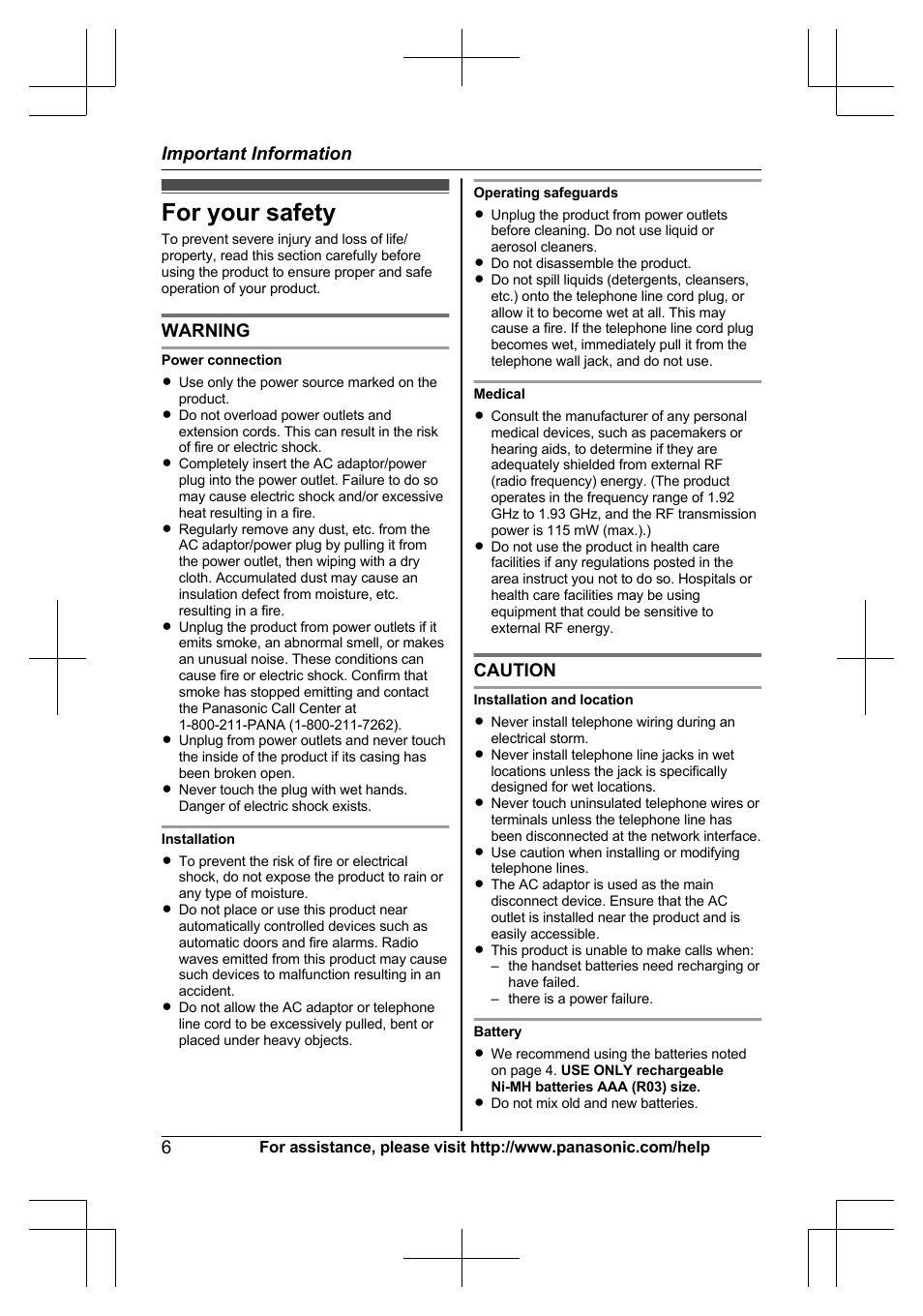 Important information, For your safety | Panasonic KX-TG6645 User Manual | Page 6 / 68