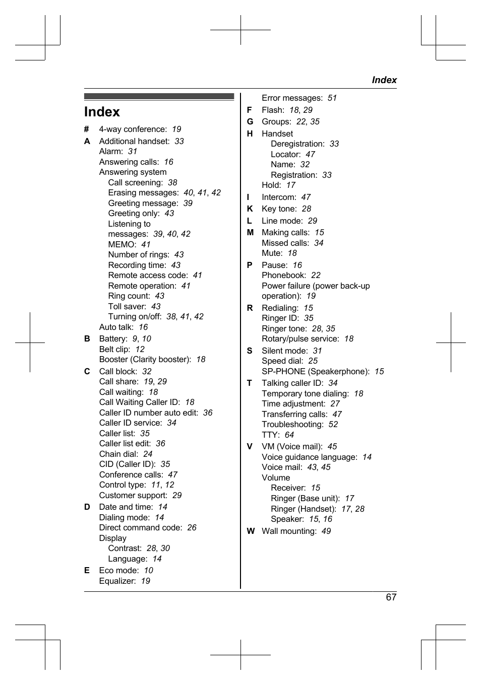 Index | Panasonic KX-TG6645 User Manual | Page 67 / 68