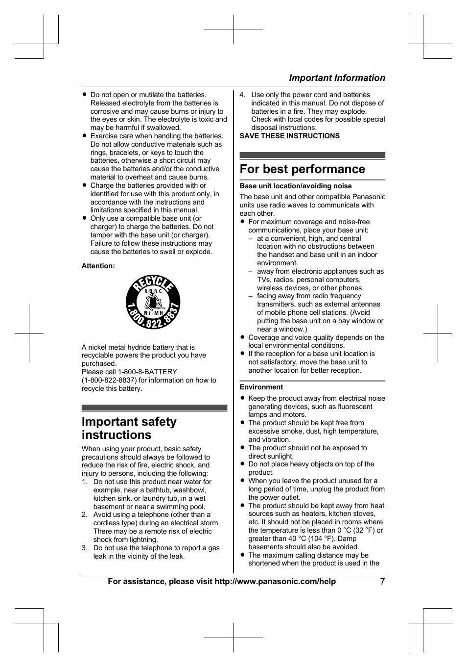 Important safety instructions, For best performance, Important safety instructions for best performance | Panasonic KX-TG6645 User Manual | Page 7 / 68