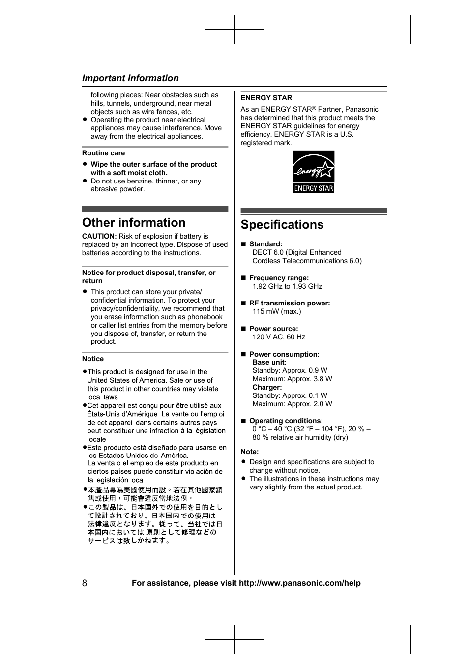 Other information, Specifications, Other information specifications | Panasonic KX-TG6645 User Manual | Page 8 / 68