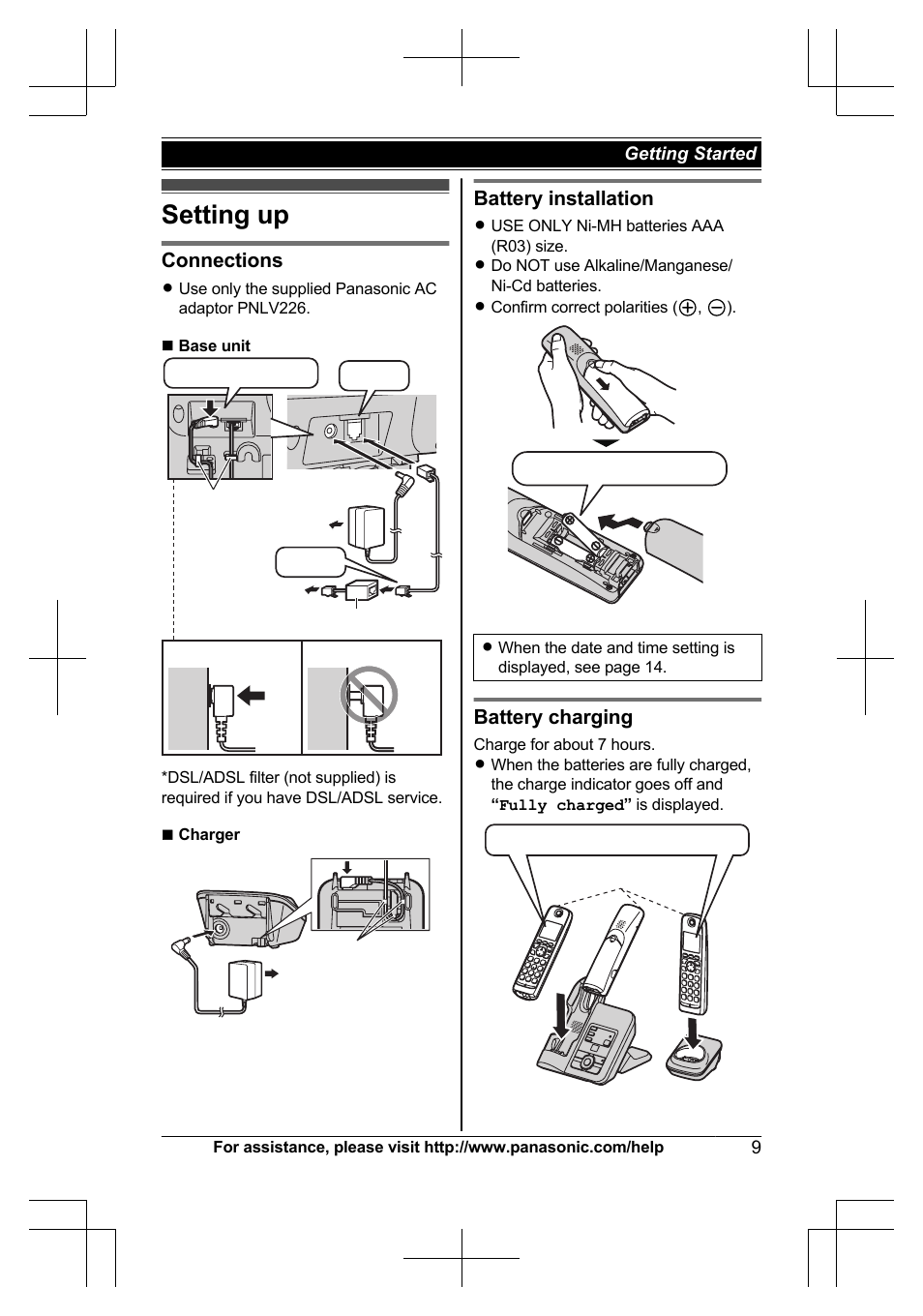 Getting started, Setting up, Connections | Correct wrong, Battery installation, Battery charging | Panasonic KX-TG6645 User Manual | Page 9 / 68