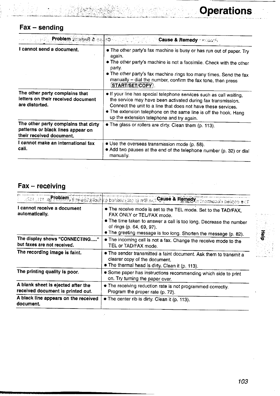 Fax " sending, Fax " receiving, Operations | Panasonic KX-FP121NZ User Manual | Page 103 / 124
