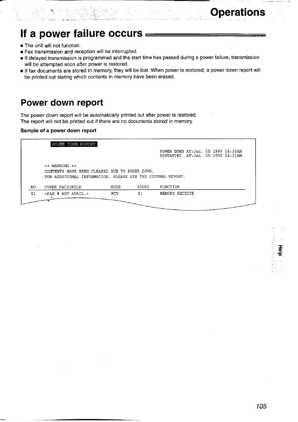 If a power failure occurs, Power down report, Operations | Panasonic KX-FP121NZ User Manual | Page 105 / 124