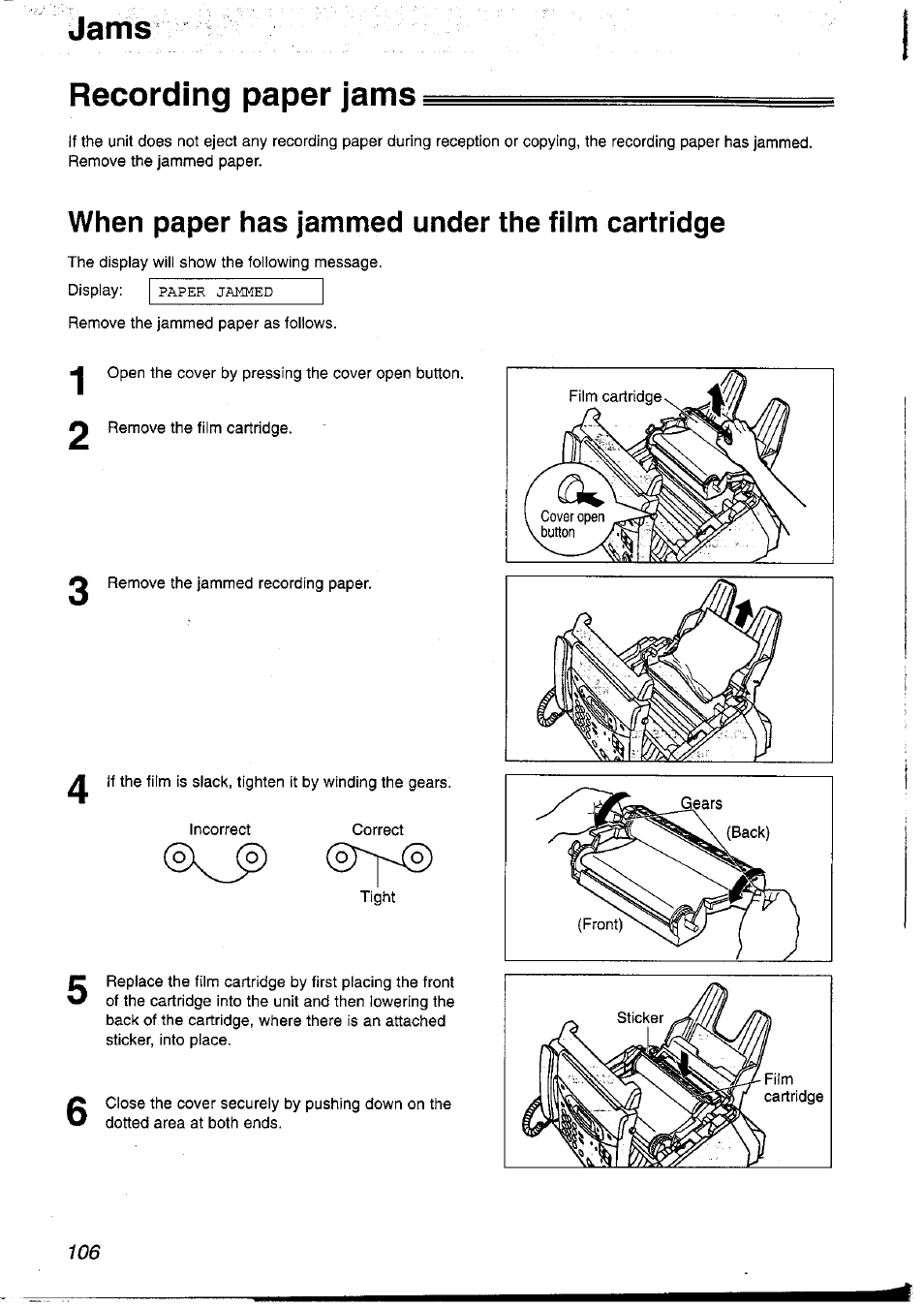 Recording paper jams, When paper has jammed under the film cartridge | Panasonic KX-FP121NZ User Manual | Page 106 / 124