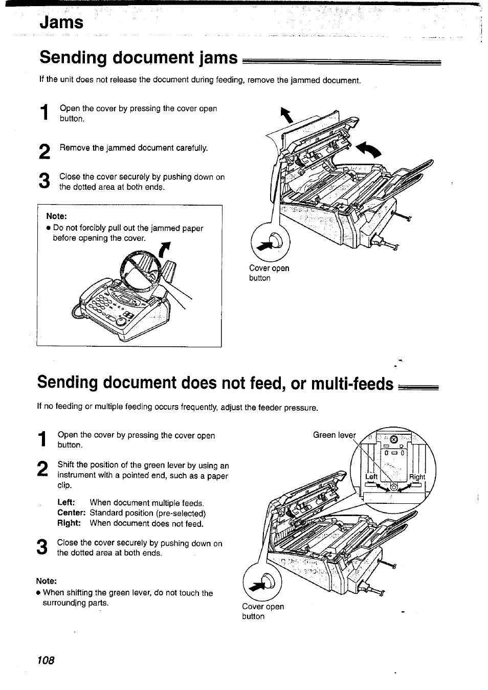 Jams, Sending document jams, Sending document does not feed, or muiti-feeds | Note, Jams sending document jams | Panasonic KX-FP121NZ User Manual | Page 108 / 124