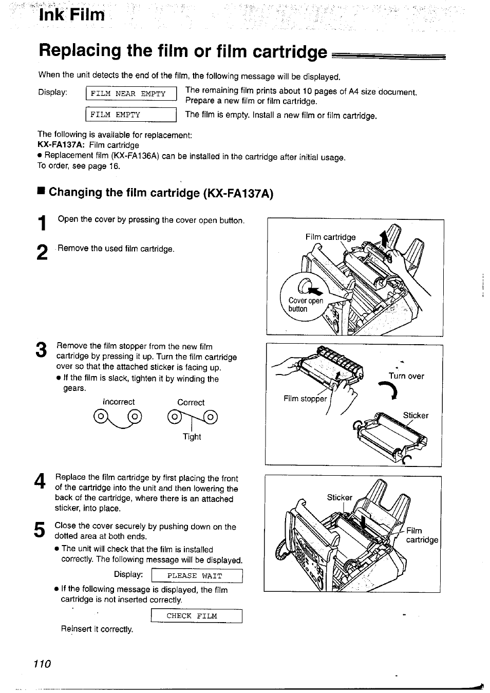 Ink film, Replacing the film or film cartridge, Changing the film cartridge (kx-fa137a) | Ink film replacing the film or film cartridge | Panasonic KX-FP121NZ User Manual | Page 110 / 124