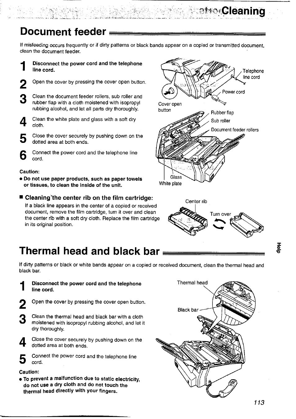 Mieiplèànìng, Document feeder, Caution | Thermal head and black bar | Panasonic KX-FP121NZ User Manual | Page 113 / 124