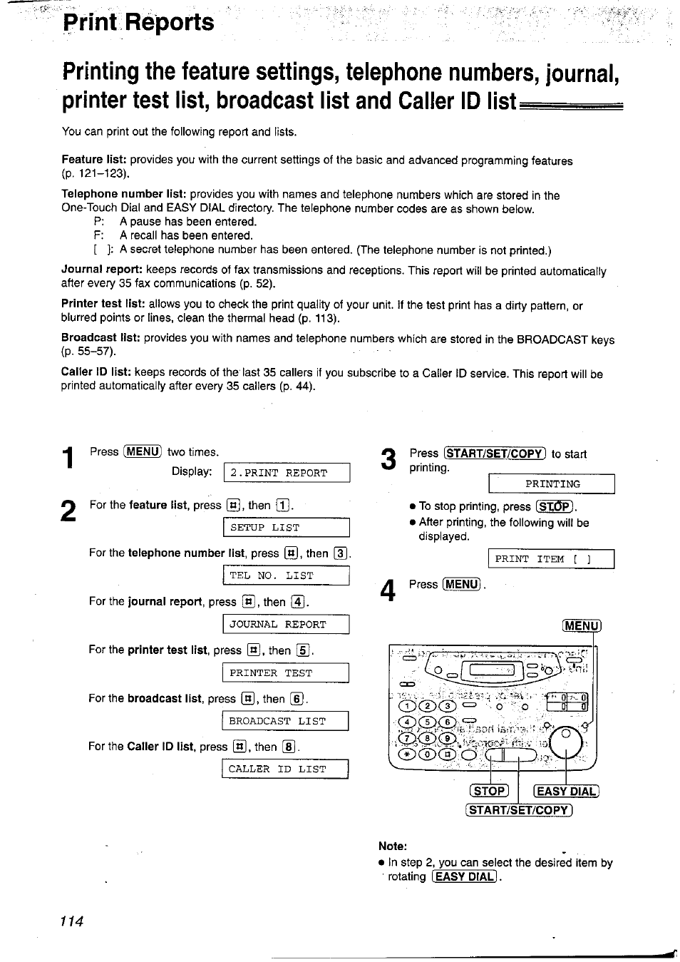 Print reports, Note | Panasonic KX-FP121NZ User Manual | Page 114 / 124