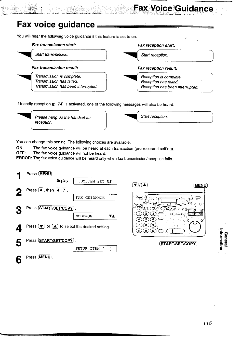 Fax voice iguidancé, Fax voice guidance, Menu | Fax voice iguidancé fax voice guidance | Panasonic KX-FP121NZ User Manual | Page 115 / 124