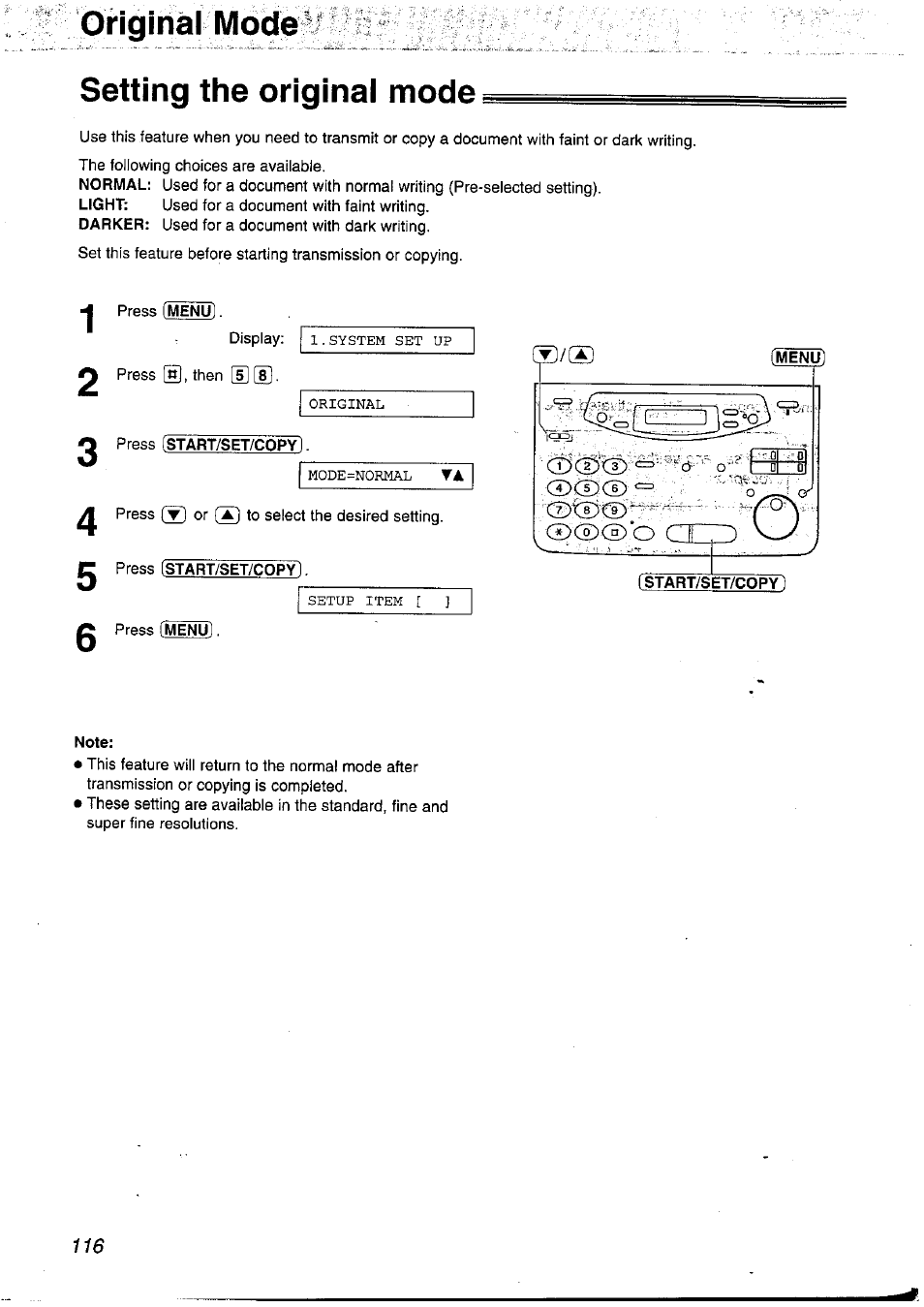 Original model setting the original mode, Press istart/set/copyl, Press [start/set/copy | Note | Panasonic KX-FP121NZ User Manual | Page 116 / 124