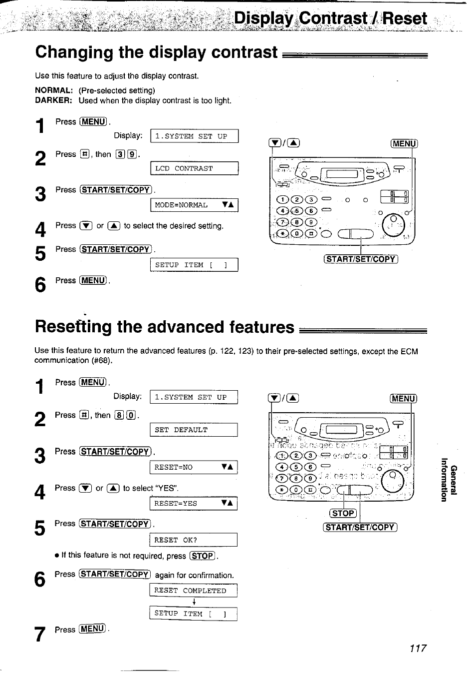 Changing the display contrast, Resetting the advanced features | Panasonic KX-FP121NZ User Manual | Page 117 / 124