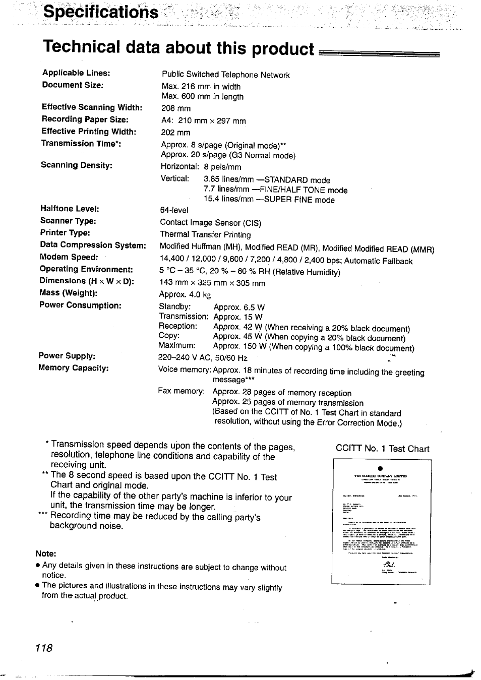 S(3&cificatioi1s, Technical data about this product, Note | S(3&cificatioi1s technical data about this product | Panasonic KX-FP121NZ User Manual | Page 118 / 124
