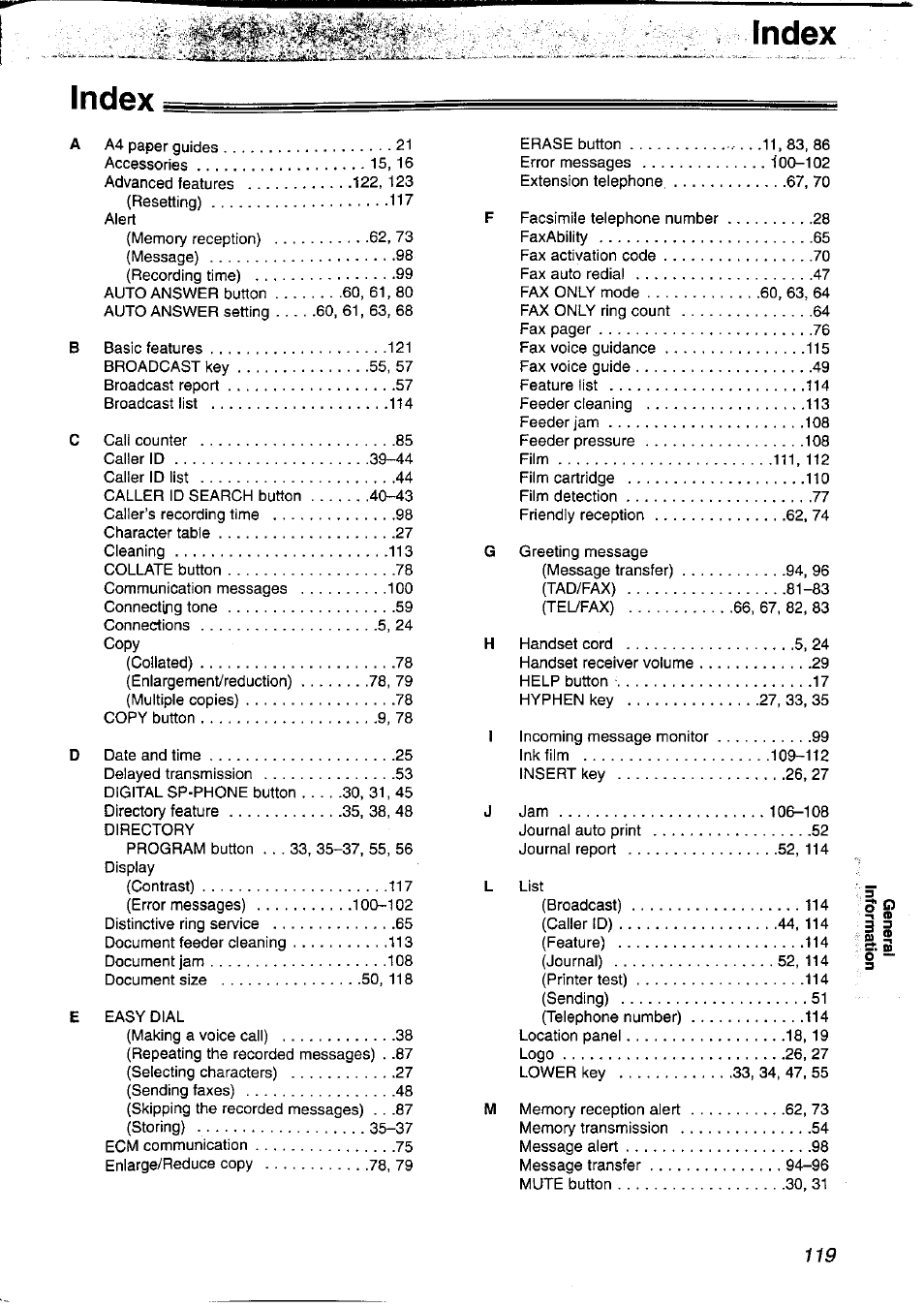 Index, Index index | Panasonic KX-FP121NZ User Manual | Page 119 / 124