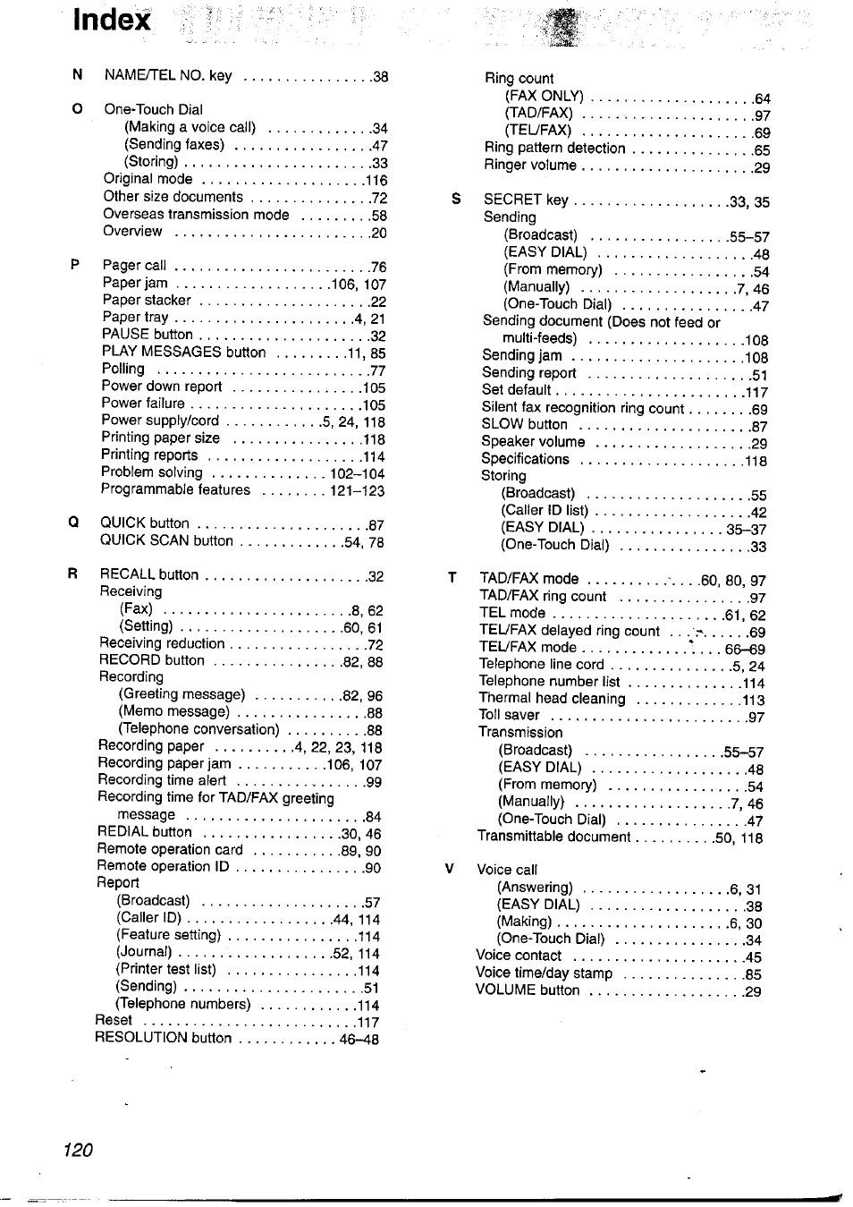 Index | Panasonic KX-FP121NZ User Manual | Page 120 / 124