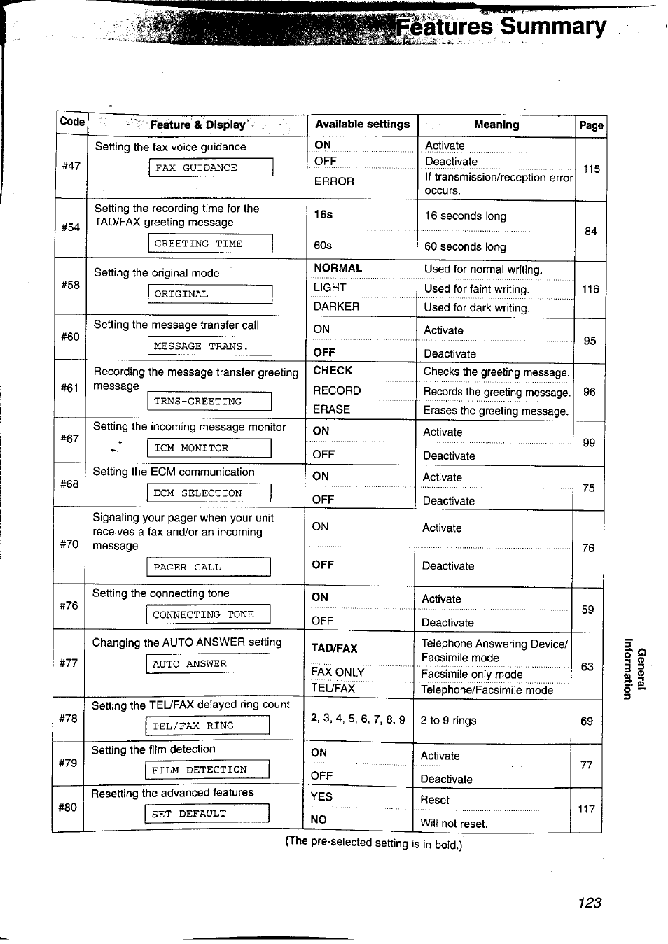 Eatures summary, Code, Feature & display | Available settings, Meaning, Normal, Check, Tad/fax, Tad/fax) -83 | Panasonic KX-FP121NZ User Manual | Page 123 / 124
