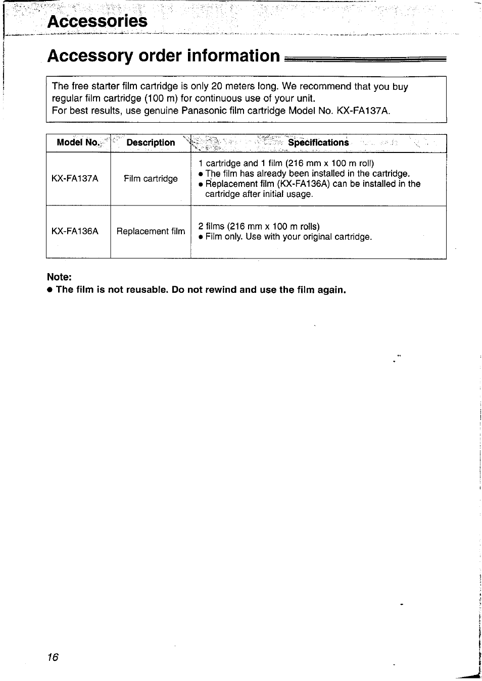 Accessories, Accessory order information, Accessories accessory order information | Panasonic KX-FP121NZ User Manual | Page 16 / 124