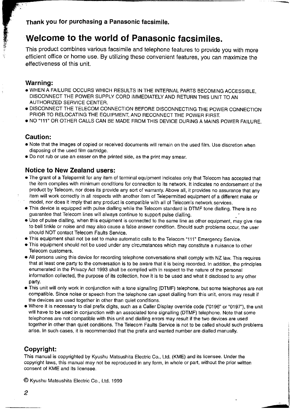 Welcome to the world of panasonic facsimiles | Panasonic KX-FP121NZ User Manual | Page 2 / 124