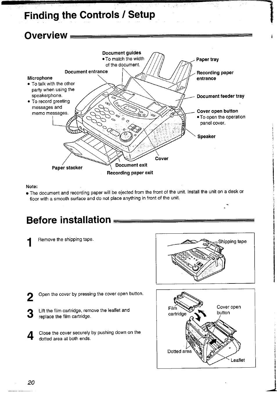 Finding the controls / setup overview, Before installation | Panasonic KX-FP121NZ User Manual | Page 20 / 124