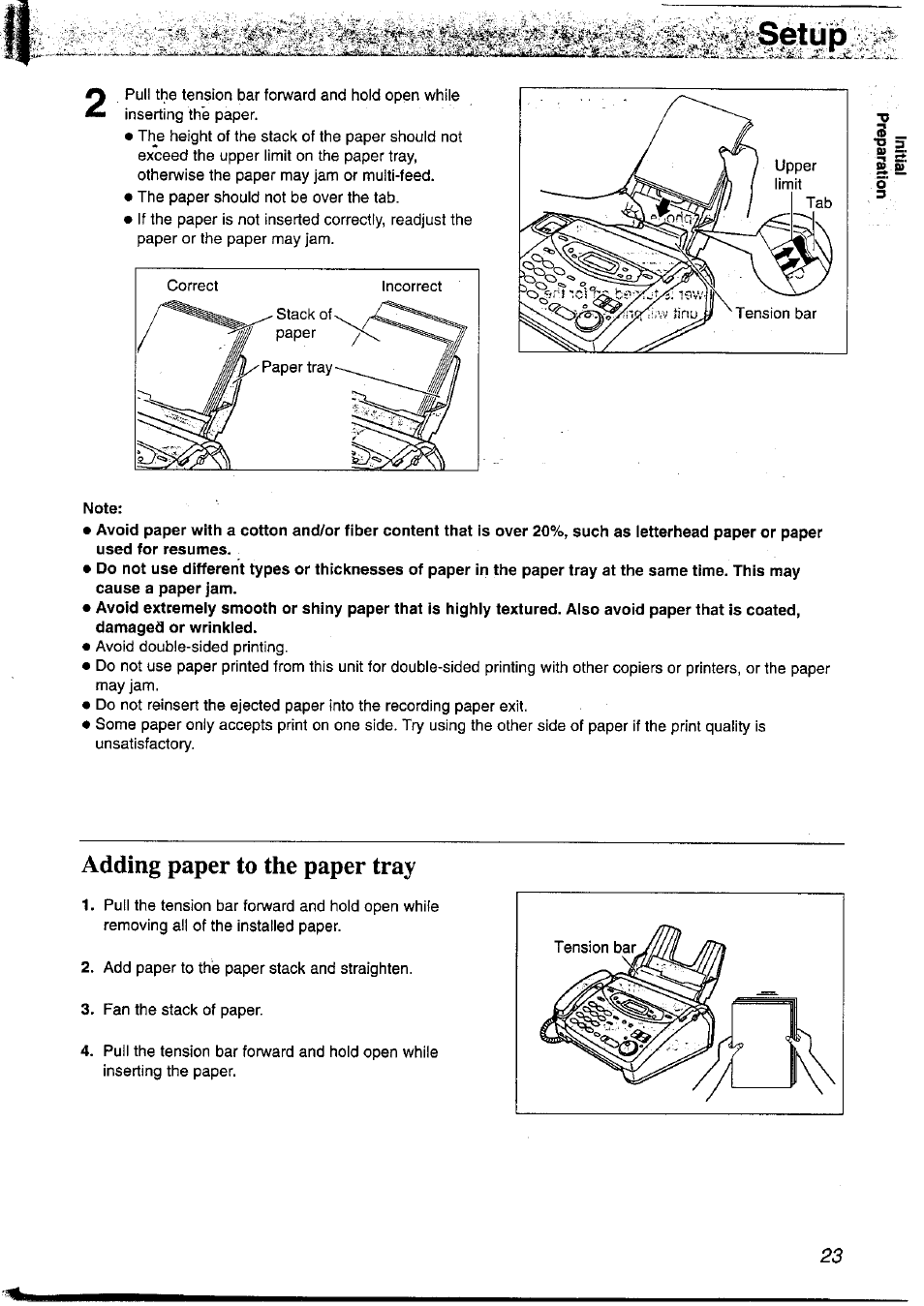 Note, Adding paper to the paper tray | Panasonic KX-FP121NZ User Manual | Page 23 / 124