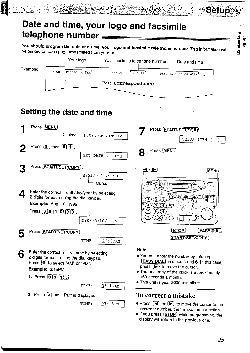 Setting the date and time, To correct a mistake | Panasonic KX-FP121NZ User Manual | Page 25 / 124