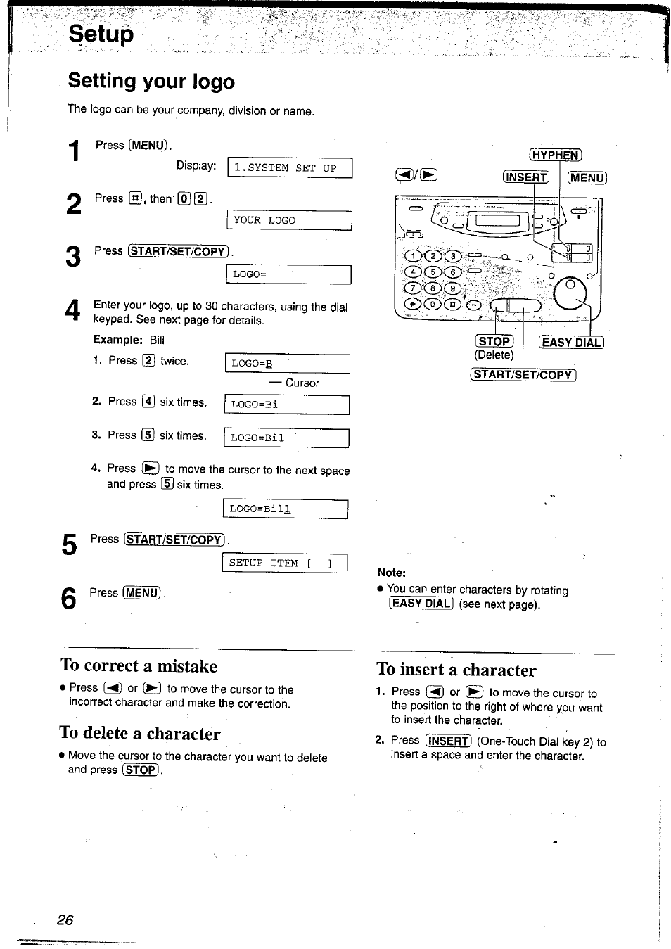 Note, To correct a mistake, To delete a character | To insert a character | Panasonic KX-FP121NZ User Manual | Page 26 / 124