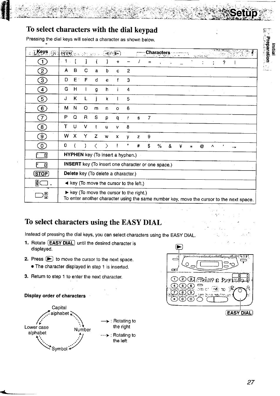 To select characters with the dial keypad, To select characters using the easy dial | Panasonic KX-FP121NZ User Manual | Page 27 / 124