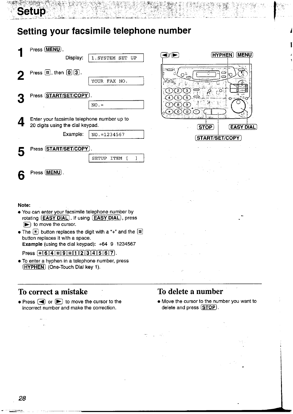 Setup, Setting your facsimile telephone number, Hyphen] [menu | To correct a mistake, To delete a number | Panasonic KX-FP121NZ User Manual | Page 28 / 124
