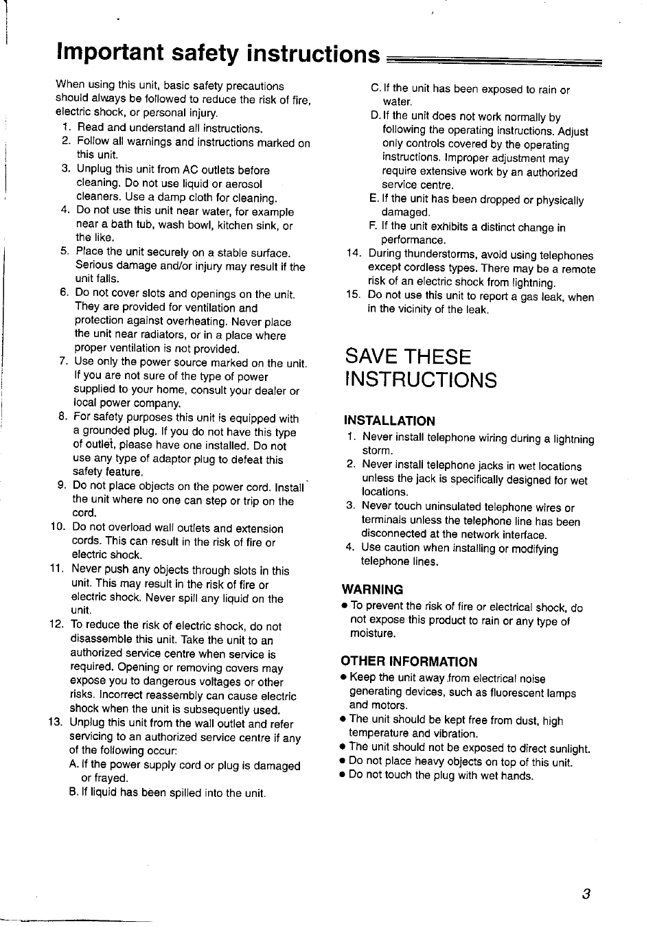 Important safety instructions, Save these instructions | Panasonic KX-FP121NZ User Manual | Page 3 / 124