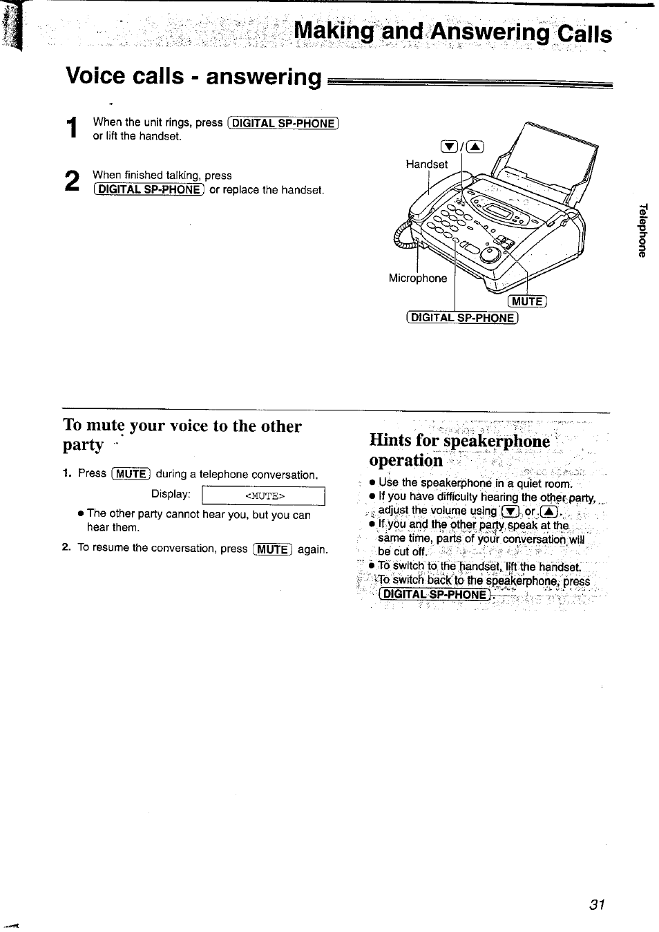 Making land answer! voice calls - answering, To mute your voice to the other party, Hints for speakeirphpne ■ operation :• v | Panasonic KX-FP121NZ User Manual | Page 31 / 124