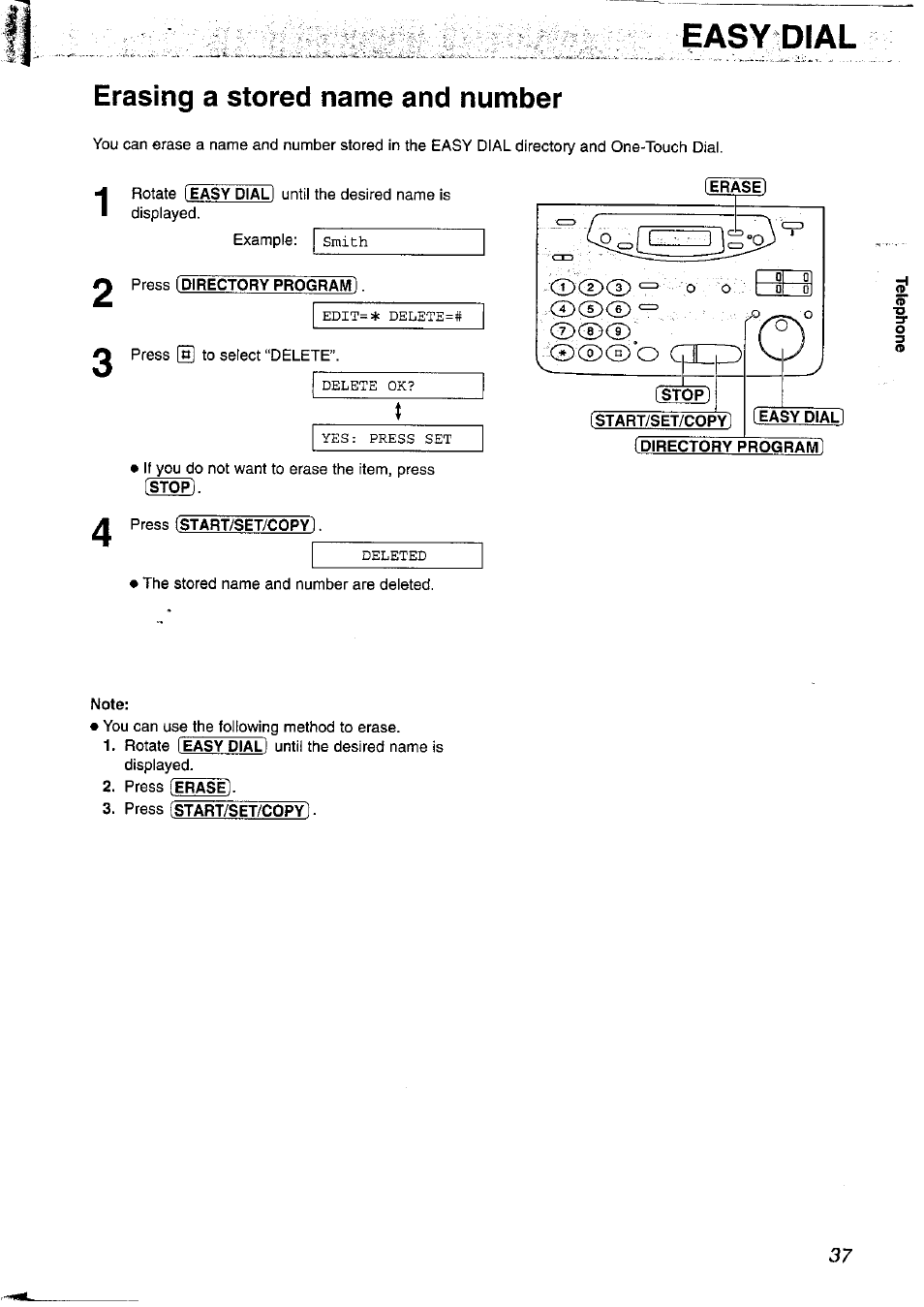 Easy dial, Erasing a stored name and number, Press [directory program | Panasonic KX-FP121NZ User Manual | Page 37 / 124