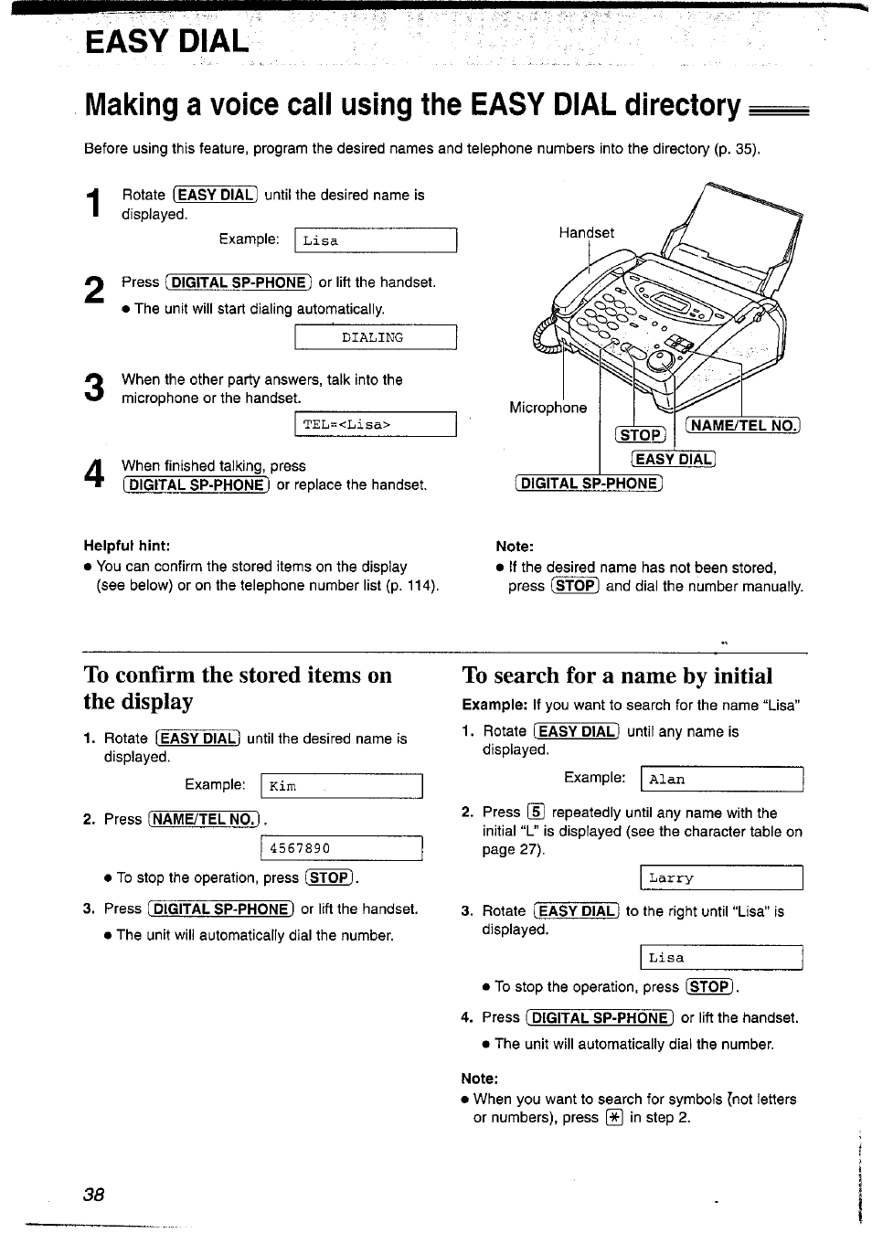 Easy dial, Making a voice call using the easy dial directory, Helpful hint | Note, To confirm the stored items on the display, To search for a name by initial | Panasonic KX-FP121NZ User Manual | Page 38 / 124